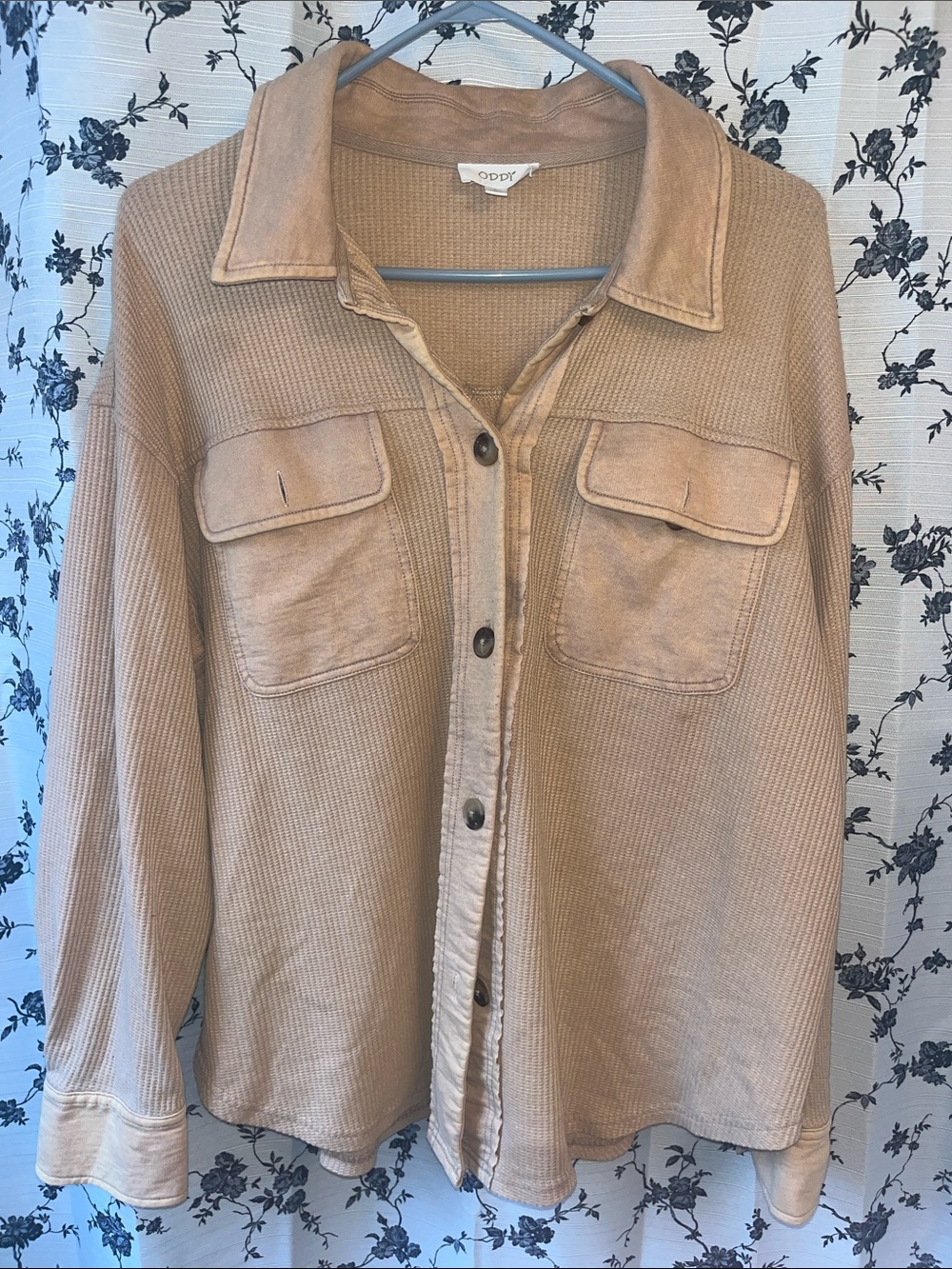 Oddy Oversized Tan Waffle Knit Button Down Shacket